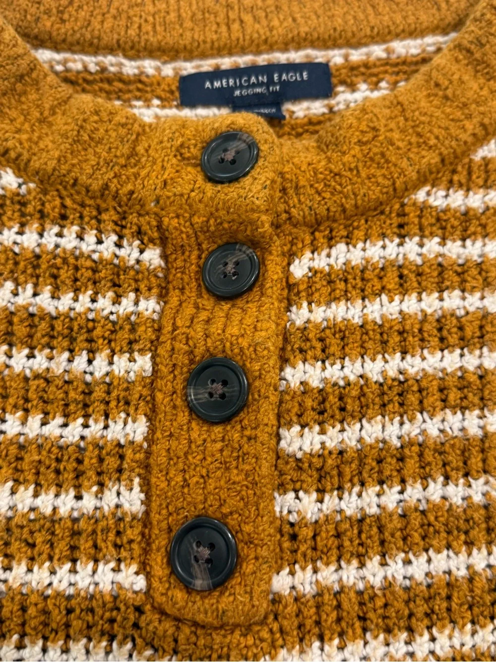 American Eagle Outfitters Women Mustard and Cream Striped Henley Sweater Size XS